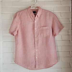 J Crew Mens Houndstooth Shirt Linen Blend Red/Salmon Short Sleeve Size L